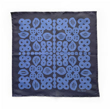 Load image into Gallery viewer, "Modern geometric blue scarf by Wren & Rumor featuring bold abstract pattern on navy background – versatile accessory or wall art"