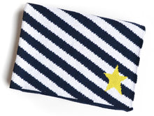 Load image into Gallery viewer, Stars & Stripes Gray, Navy & Yellow Knit Baby Blanket – Gender Neutral, Soft Cotton Blend, Made in USA