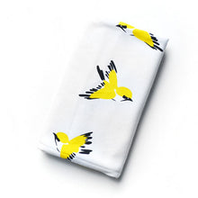 Load image into Gallery viewer, Yellow bird baby swaddle blanket – 100% cotton knit, folded view