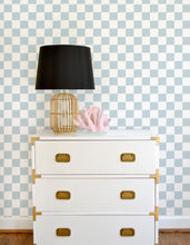 Load image into Gallery viewer, Light blue and white ikat checker board wallpaper offered in peel and stick and traditional wallpapers. Perfect for a modern nursery, playroom, or kids bedroom.