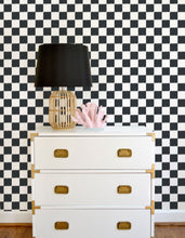 Load image into Gallery viewer, Navy and white ikat checker board wallpaper offered in peel and stick and traditional designer wallpapers. Perfect for a modern nursery, playroom, or kids bedroom.