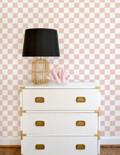 Load image into Gallery viewer, Pink and white ikat checker board wallpaper offered in peel and stick and traditional wallpapers. Perfect for a modern nursery, playroom, or kids bedroom.