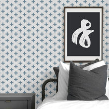 Load image into Gallery viewer, Blue swiss cross peel and stick wallpaper for modern baby nursery and kids bedroom.