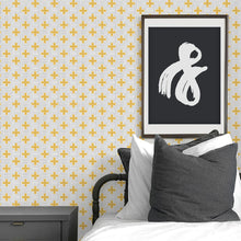 Load image into Gallery viewer, Yellow swiss cross peel and stick wallpaper for modern baby nursery and kids bedroom.