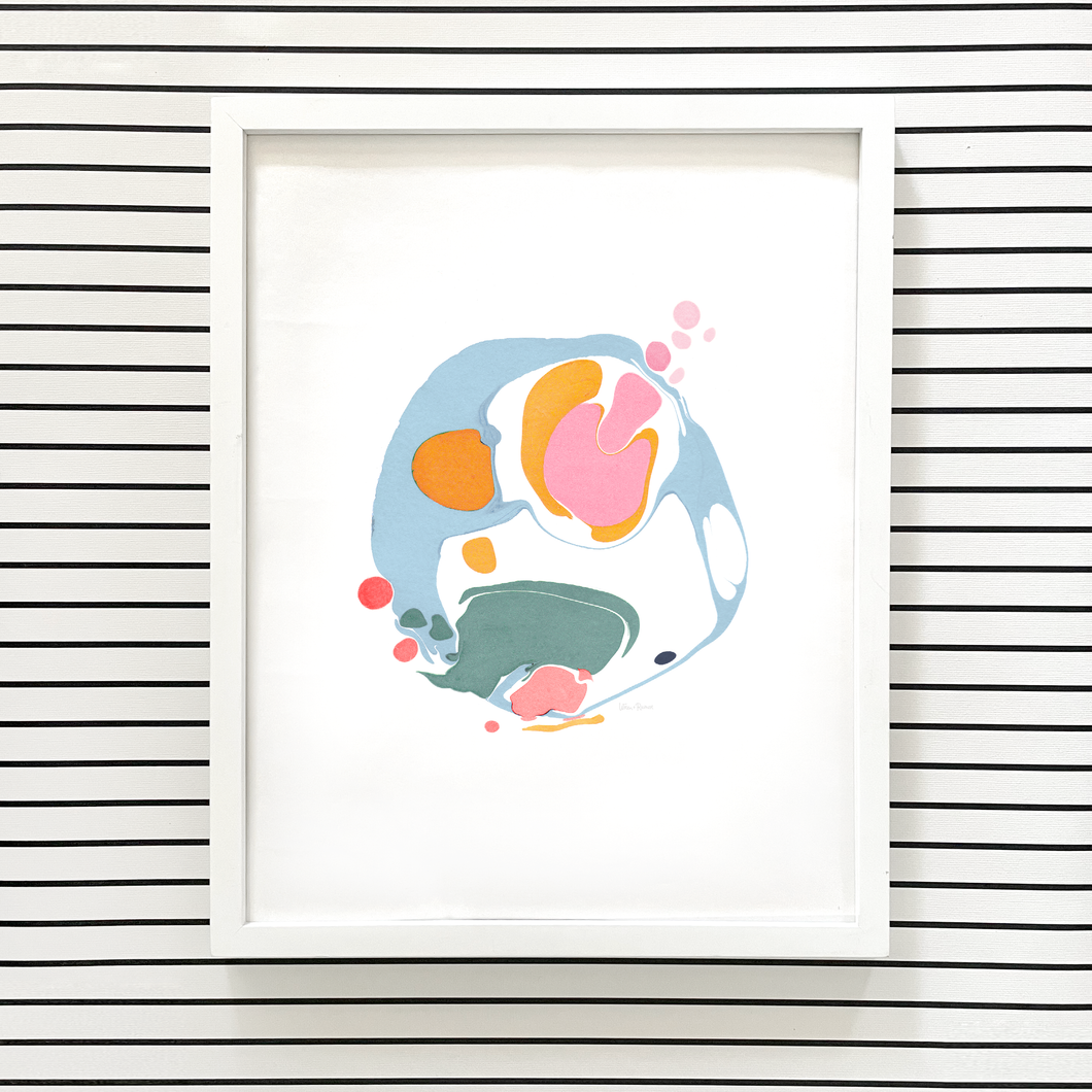 Colorful marbled artwork in bright colors on a white background.