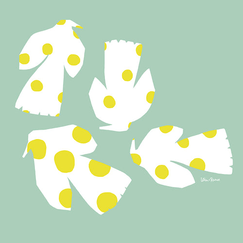 Modern abstract art print featuring white bird shapes with bright yellow polka dots on a soft mint green background — designed by Wren & Rumor.