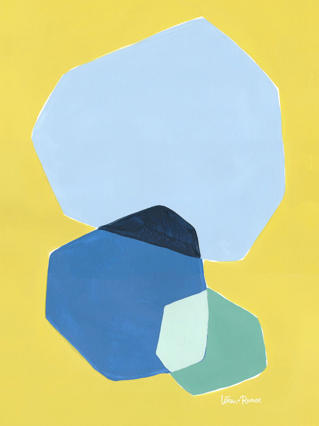 Modern geometric abstract wall art print featuring overlapping shapes in light blue, navy, mint green, and ivory on a bright yellow background — designed by Wren & Rumor.