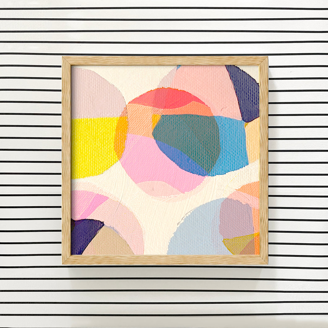 “Colorful abstract circle wall art featuring overlapping geometric shapes in pink, blue, yellow, and purple tones – modern digital download art print.”