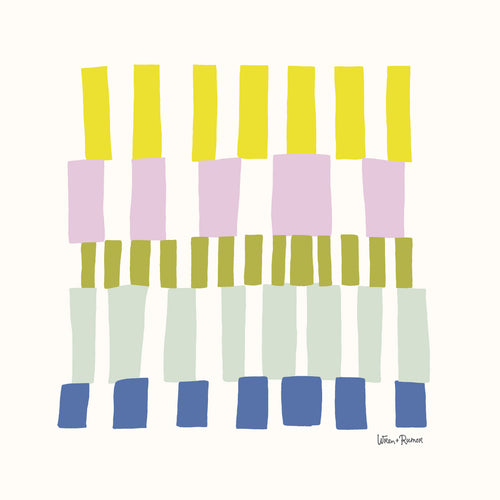 Modern color block grid art print featuring stacked vertical shapes in yellow, lilac, olive green, mint, and navy on a cream background — designed by Wren & Rumor.