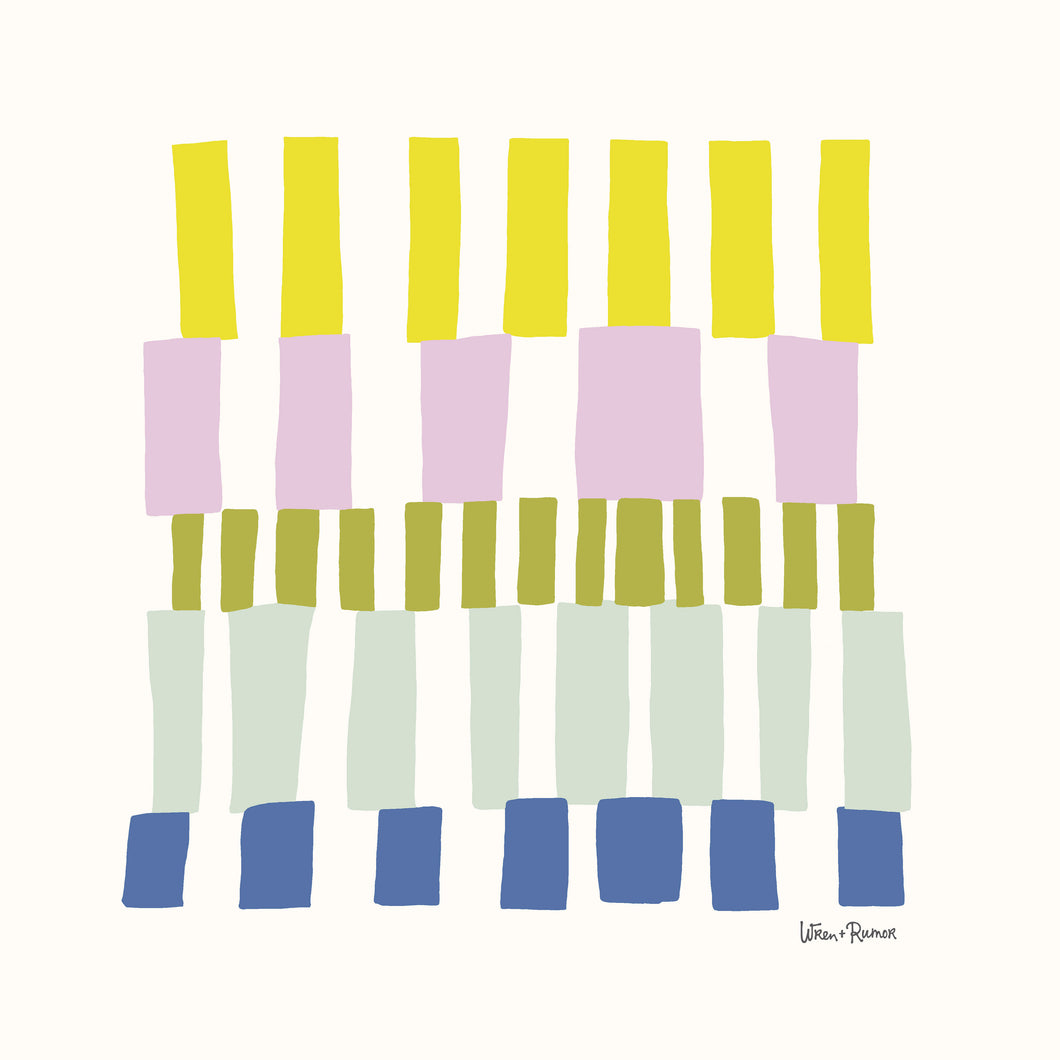 Modern color block grid art print featuring stacked vertical shapes in yellow, lilac, olive green, mint, and navy on a cream background — designed by Wren & Rumor.