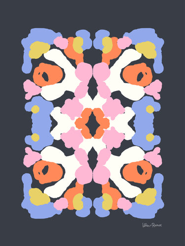 Modern abstract inkblot art print with coral, pink, blue, mustard, and cream mirrored shapes on charcoal background — designed by Wren & Rumor.