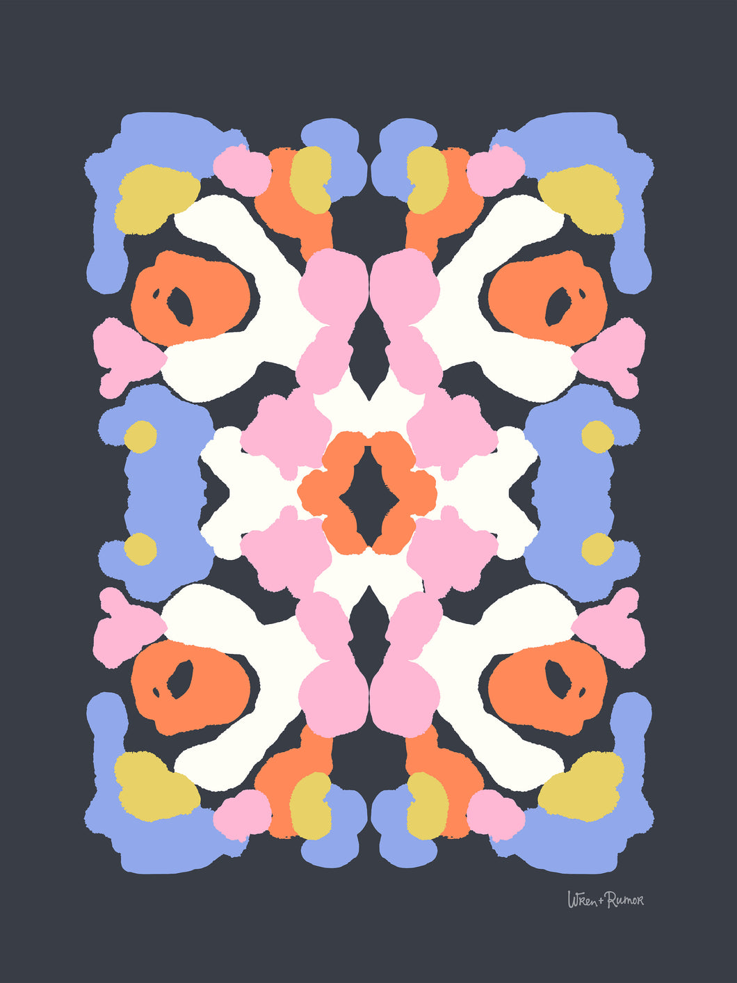 Modern abstract inkblot art print with coral, pink, blue, mustard, and cream mirrored shapes on charcoal background — designed by Wren & Rumor.