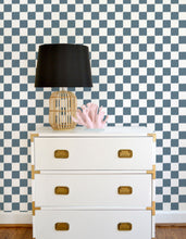 Load image into Gallery viewer, Blue and white ikat checker board wallpaper offered in peel and stick and traditional wallpapers. Perfect for a modern nursery, playroom, or kids bedroom.
