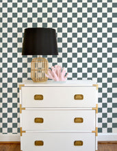 Load image into Gallery viewer, Green and white ikat checker board wallpaper offered in peel and stick and traditional wallpapers. Perfect for a modern nursery, playroom, or kids bedroom.
