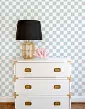 Load image into Gallery viewer, Light blue and white ikat checker board wallpaper offered in peel and stick and traditional wallpapers. Perfect for a modern nursery, playroom, or kids bedroom.

