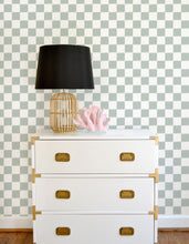 Load image into Gallery viewer, Mint and white ikat checker board wallpaper offered in peel and stick and traditional wallpapers. Perfect for a modern nursery, playroom, or kids bedroom.
