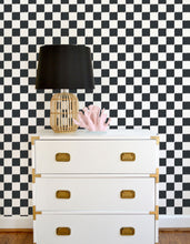 Load image into Gallery viewer, Navy and white ikat checker board wallpaper offered in peel and stick and traditional wallpapers. Perfect for a modern nursery, playroom, or kids bedroom.

