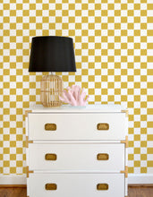 Load image into Gallery viewer, Yelllow and white ikat checker board wallpaper offered in peel and stick and traditional wallpapers. Perfect for a modern nursery, playroom, or kids bedroom.
