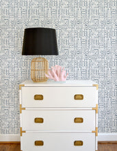 Load image into Gallery viewer, Blue and white geometric wallpaper with a coastal vibe offered in peel &amp; stick and traditional wallpapers. Wall coverings designed for modern baby nursery, kids bedroom, and playrooms.
