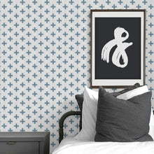 Load image into Gallery viewer, Blue swiss cross peel and stick wallpaper for modern baby nursery and kids bedroom.
