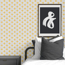 Load image into Gallery viewer, Yellow swiss cross peel and stick wallpaper for modern baby nursery and kids bedroom.
