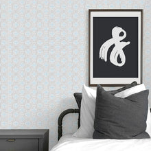 Load image into Gallery viewer, Light blue swiss cross peel and stick wallpaper for modern baby nursery and kids bedroom.
