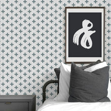 Load image into Gallery viewer, Green swiss cross peel and stick wallpaper for modern baby nursery and kids bedroom.
