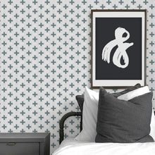 Load image into Gallery viewer, Green swiss cross peel and stick wallpaper for modern baby nursery and kids bedroom.
